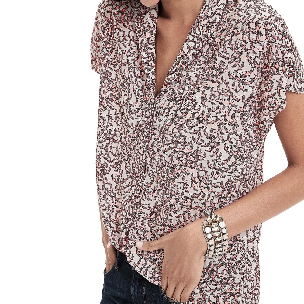 Bird print crepe short sleeve cocoon blouse